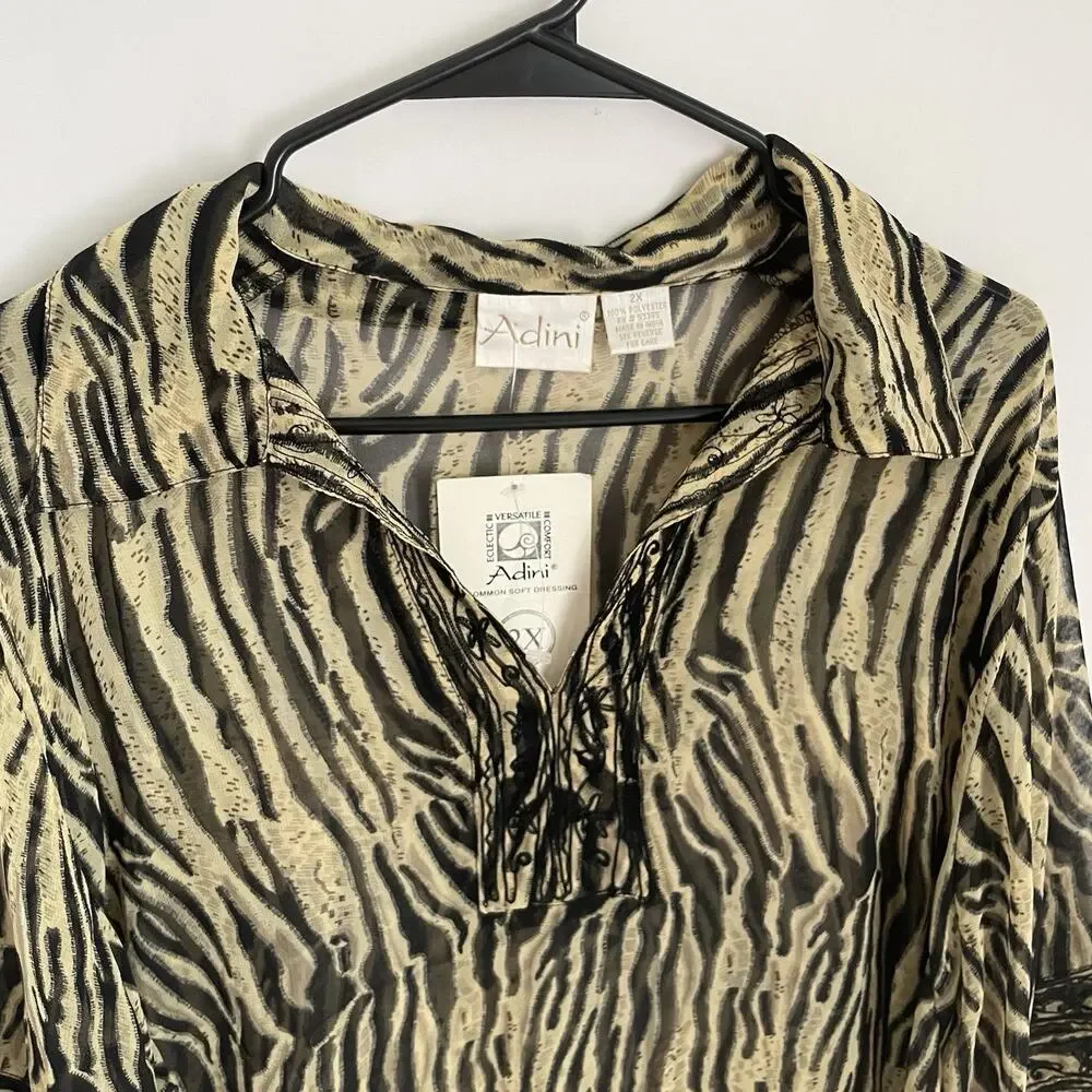 NWT Adini Blouse 2X Animal Print Sheer Tunic Bell Sleeve Boho Artsy Top Zebra - Picture 3 of 8
